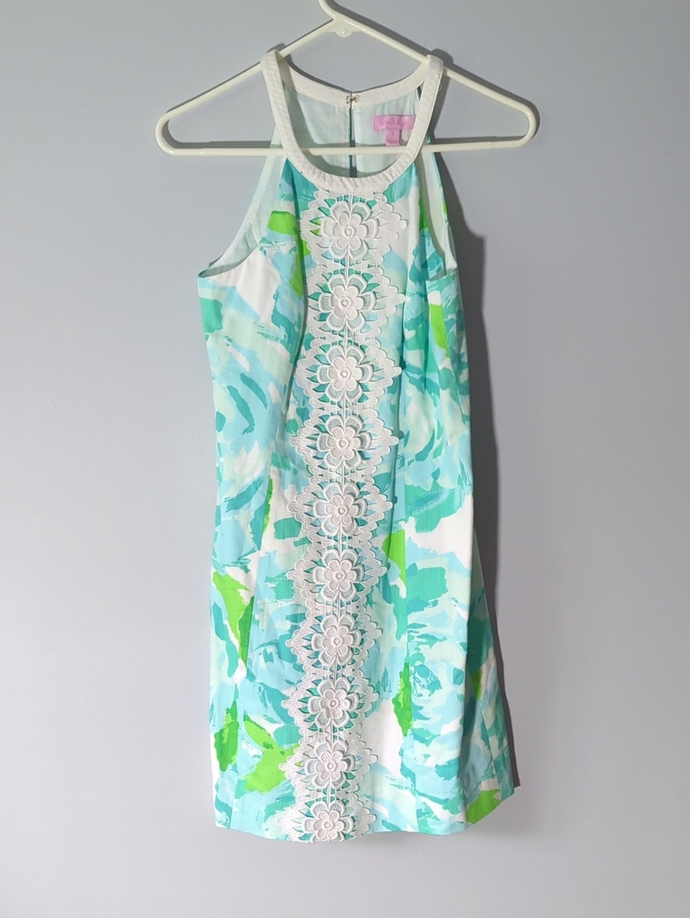 Lilly Pulitzer Aqua, Green & White Floral Halter Dress with Lace Panel